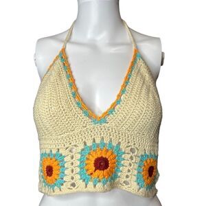 Altar'd State Sunflower Knit Cropped Halter top Cream Size Small